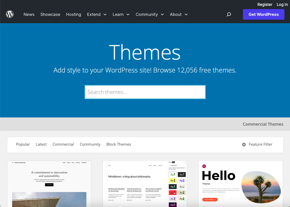 Screenshot of WordPress themes marketplace