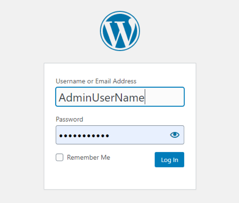 Screenshot of WordPress admin login page identifying the fields to input the username and password.