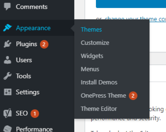 Screenshot of WordPress Dashboard menu, pointing to Appearance and Themes on the list.