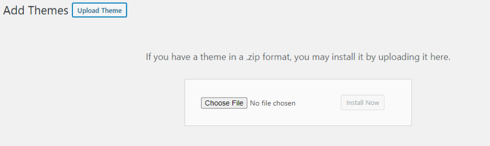 Screenshot of WordPress Add Themes page, indicating where a user can upload a theme's .zip file.